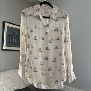 NWT 100% Silk Equipment White Patterned Button Up Blouse